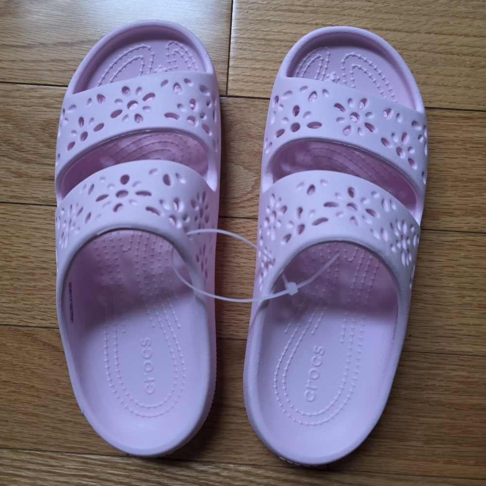 Crocs Floral Cut Slide Sandals, Size W7, Light Pink